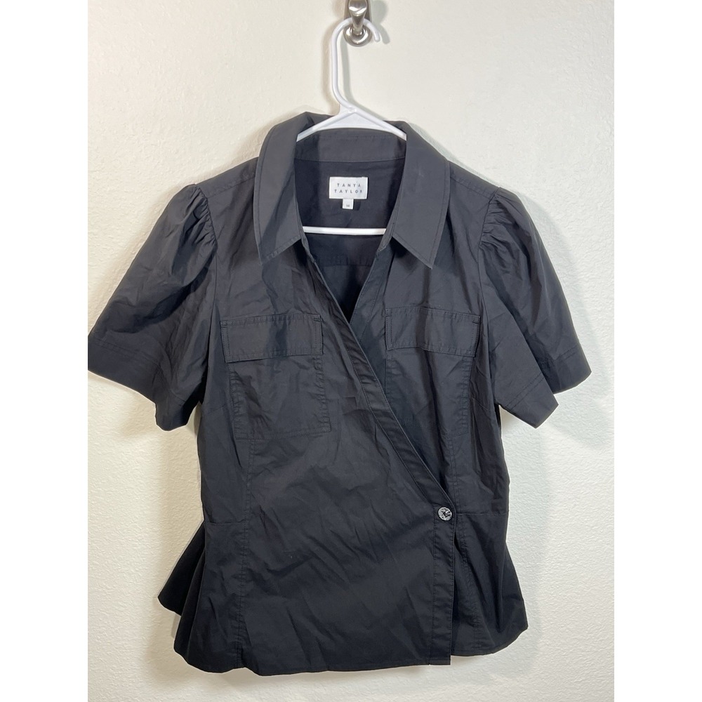 TANYA TAYLOR Sandra Top Size 14 Surplice Collar Button Wrap Blouse Old Money